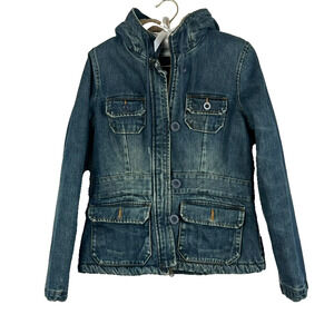 Old Navy Jacket Womens M Denim Fleece Hooded Zip Button Multi Pocket Vintage